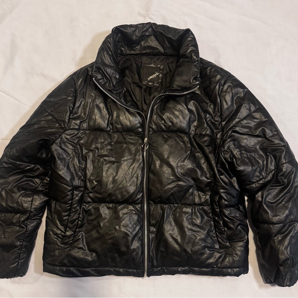 CollectiOn b Black Faux Leather Puffer Jacket – Size L - Picture 2 of 5